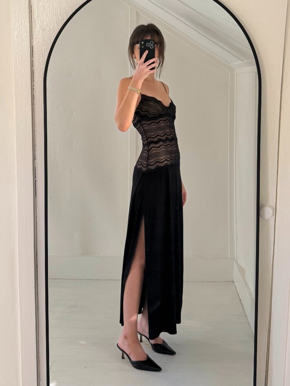 Cosabella Ceylon Lace Bodice Drop Waist Maxi Slip Dress in Black Size S $250